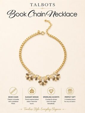 Talbots Gold Floral Book Chain Necklace